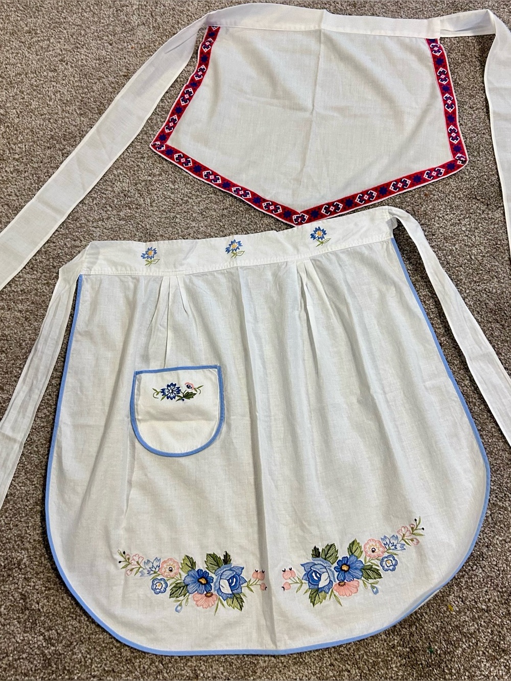2 Vintage Cotton Aprons Floral Embroidery and Woven Trim